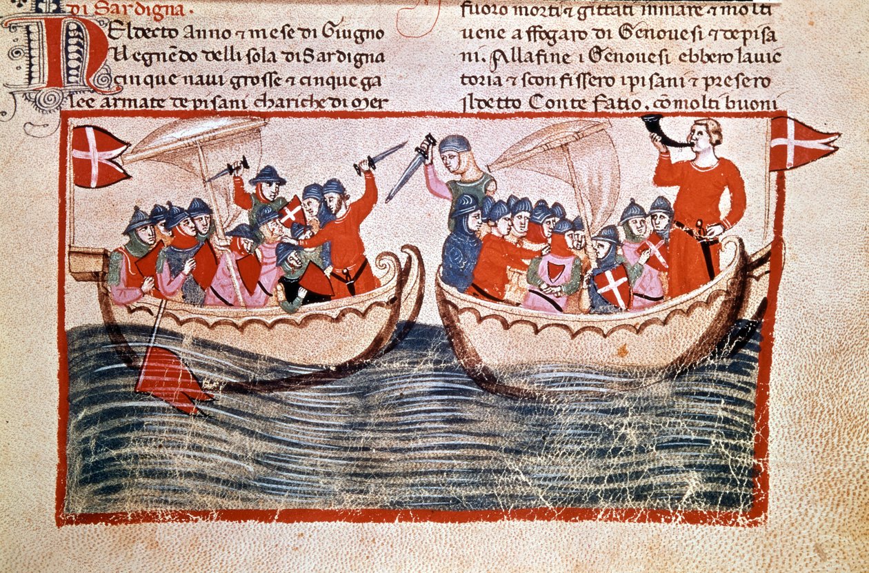 معركة ميلوريا التي بلغت ذروتها باحتلال جنوة كورسيكا. 1284. مخطوطة. مكتبة الفاتيكان بواسطة فنان غير معروف