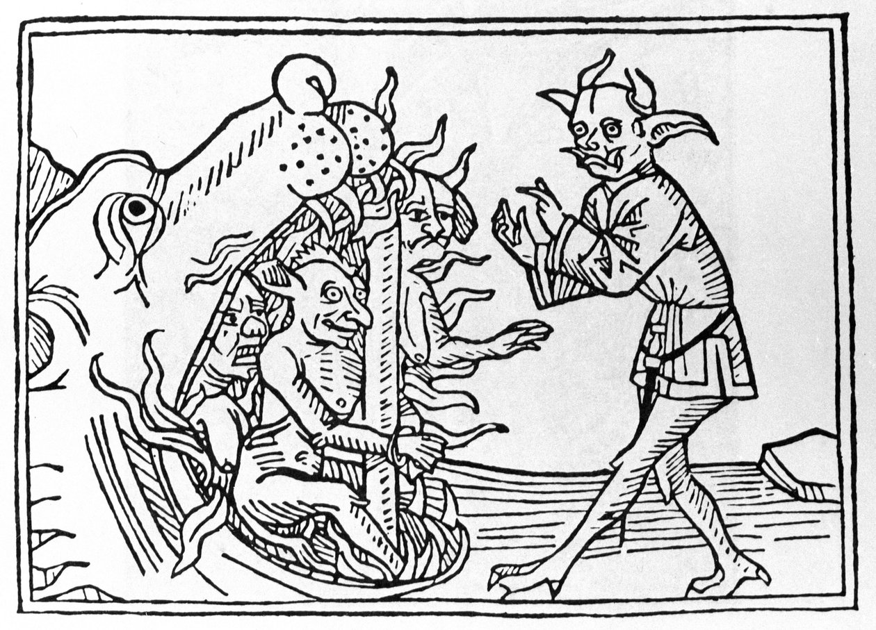 بروس بليال: "عودة الشيطان البليالي إلى مدخل العالم السفلي" نقش من "The Belial Proces" لجاكوبوس دي تيرامو (أو بالادينو) ، أوسبورغ بواسطة فنان غير معروف