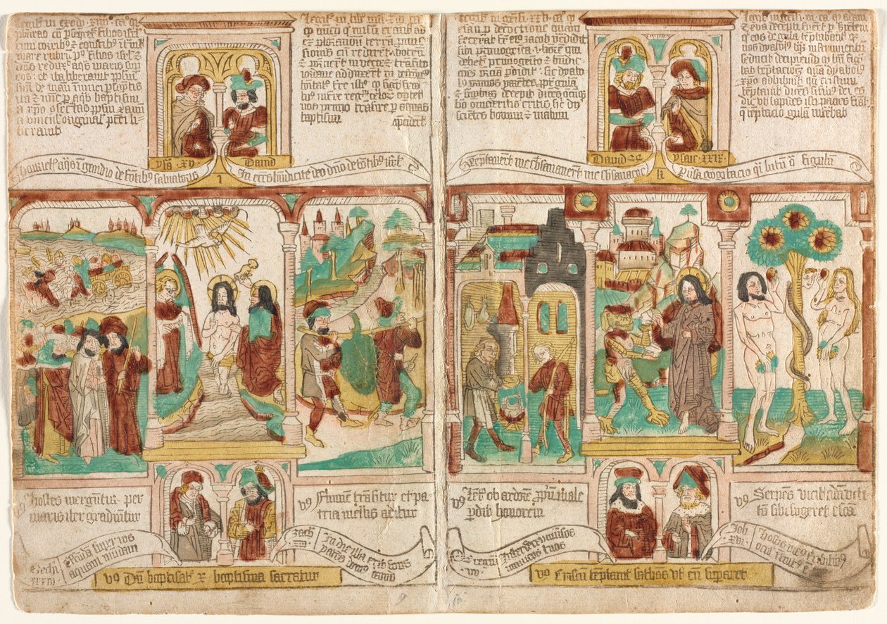 الكتاب المقدس للفقراء (بيبليا بابيروم) ، غرق جيش فرعون في البحر الأحمر. معمودية المسيح. وجواسيس موسى العائدون بالعنب من كنعان يبيع عيسو حق البكورية ليعقوب. تجربة المسيح ؛ وتجربة آدم وحواء بواسطة فنان غير معروف