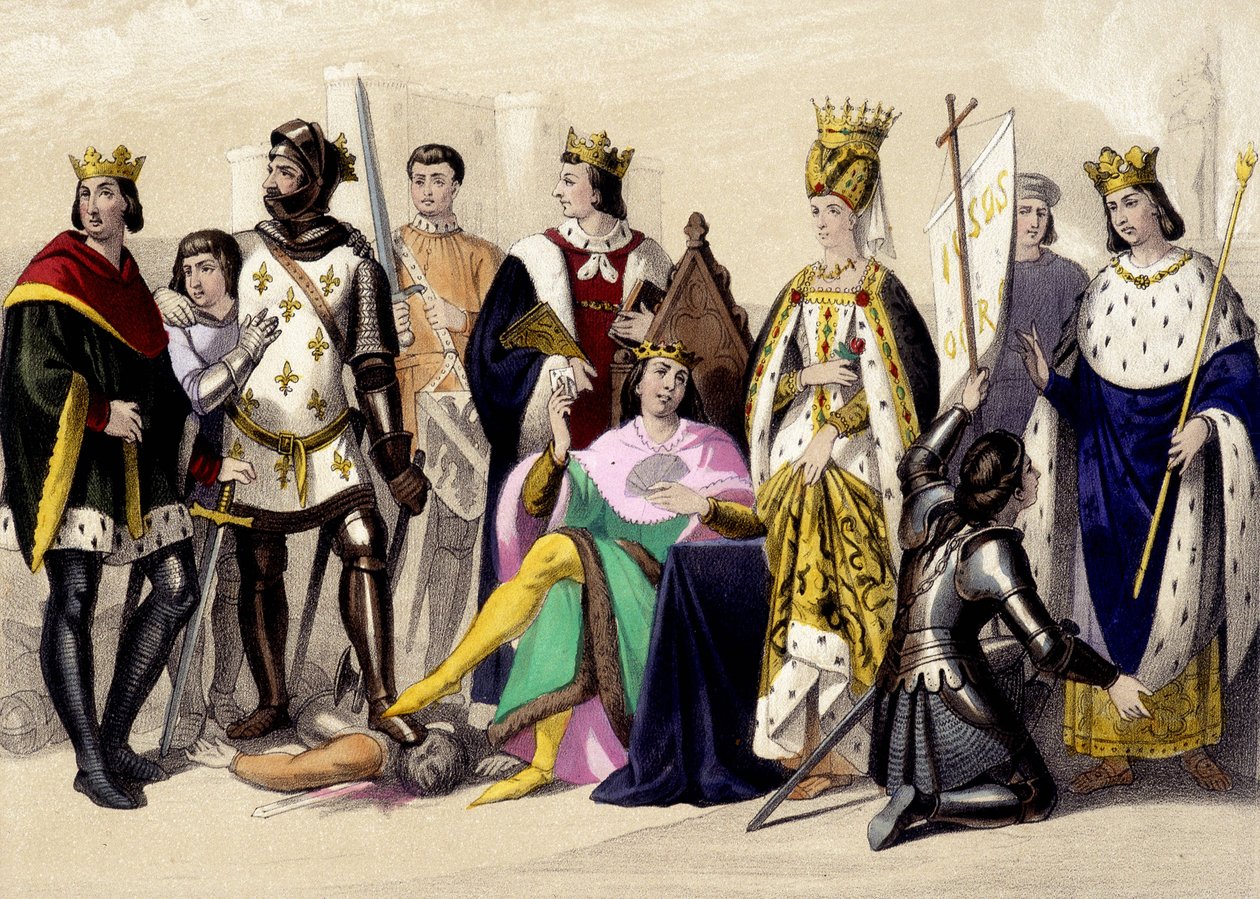 Capetians of the Valois من 1328 إلى 1422. فيليب السادس ، جون الثاني ، تشارلز السادس ، إيزابو (إيزابيلا ، إليزابيث) بافاريا ، جوان دارك ، تشارلز السابع. نقش القرن التاسع عشر. بواسطة فنان غير معروف