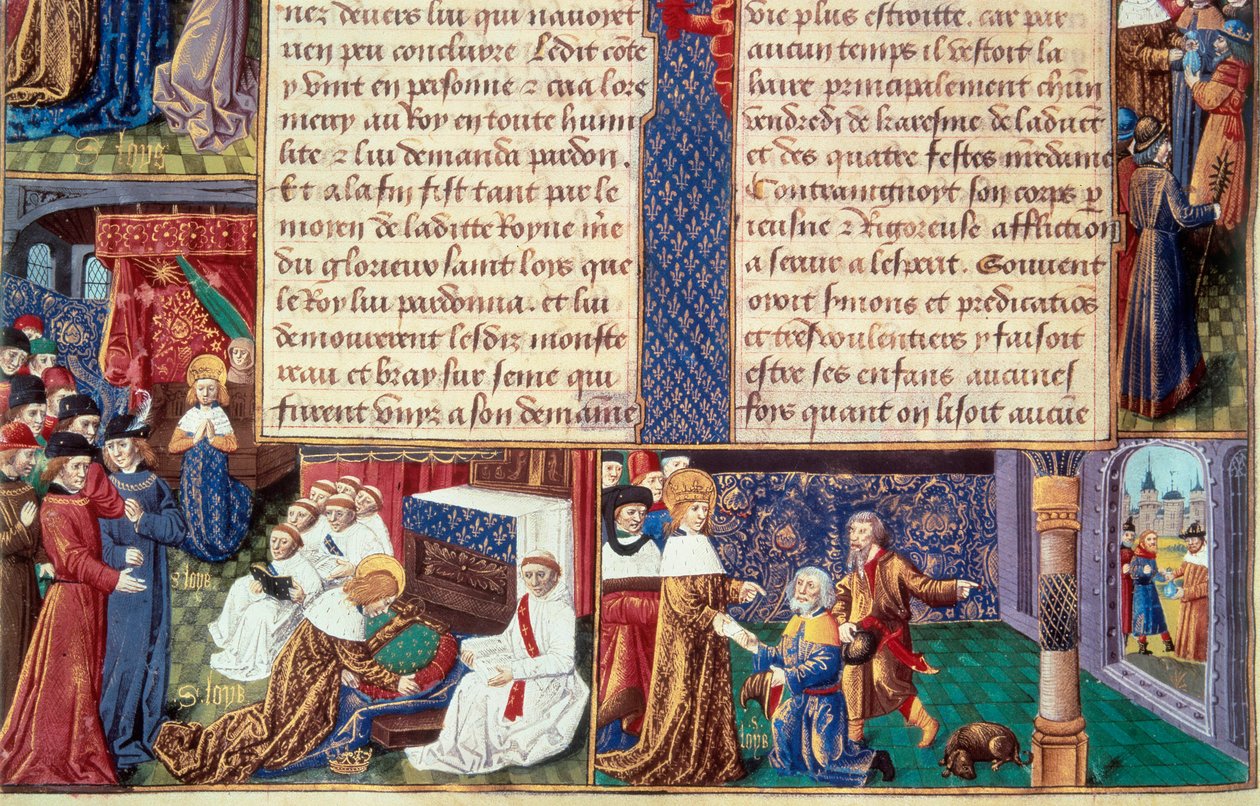 The Christian virtues (such as piety and devotion) of King Louis IX (1214-1270) (Saint Louis): on the left the king embraces the crucifix, on the right he receives the Old Mountain. Miniature from a manuscript “The Book of Facts Monsignor Saint Louis”” 15t بواسطة فنان غير معروف