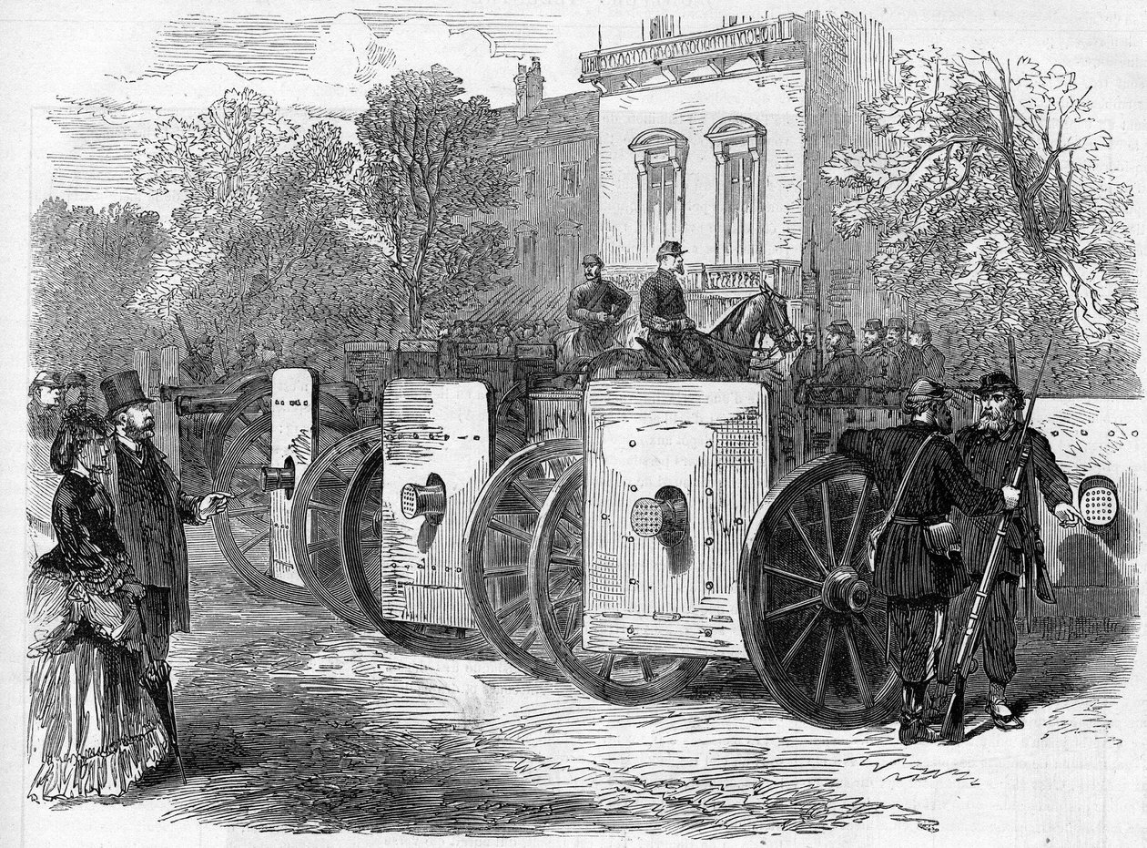 كومونة باريس عام 1871. مدفع رشاش مدرع استخدمه الفدراليون (الكوميون) بواسطة فنان غير معروف