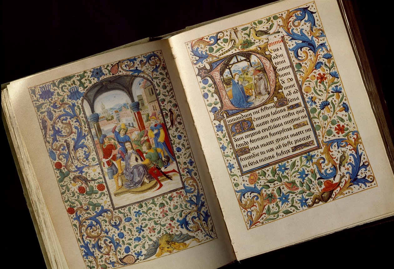 تتويج العمود الفقري صفحة مزدوجة من مخطوطة مفتوحة لـ "" كتاب الصلوات لماري بورغندي (1457-1482) "(كود 1857) أواخر القرن الخامس عشر Osterreischische Nationalbibliothek Vienna بواسطة فنان غير معروف