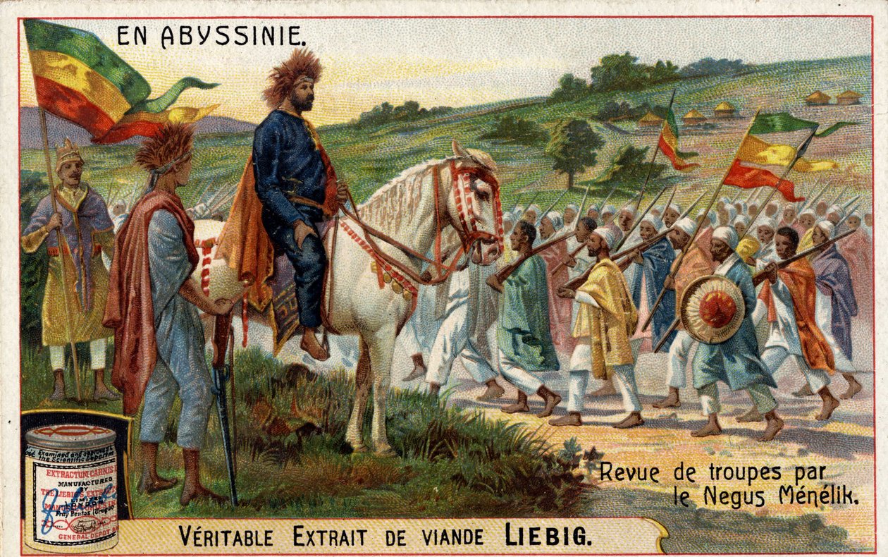 إمبراطور الحبشة ، "Negus" Menelik II (1844-1913) يراجع قواته. الطباعة الحجرية الملونة في القرن التاسع عشر. بواسطة فنان غير معروف