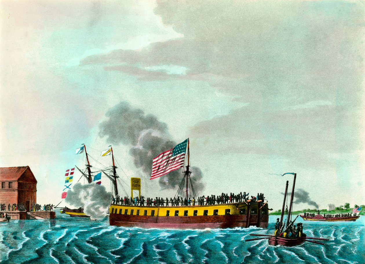 Fulton Steam Fregate "المناورة في ميناء نيويورك بالولايات المتحدة" نقش حوالي عام 1807 مجموعة خاصة بواسطة فنان غير معروف