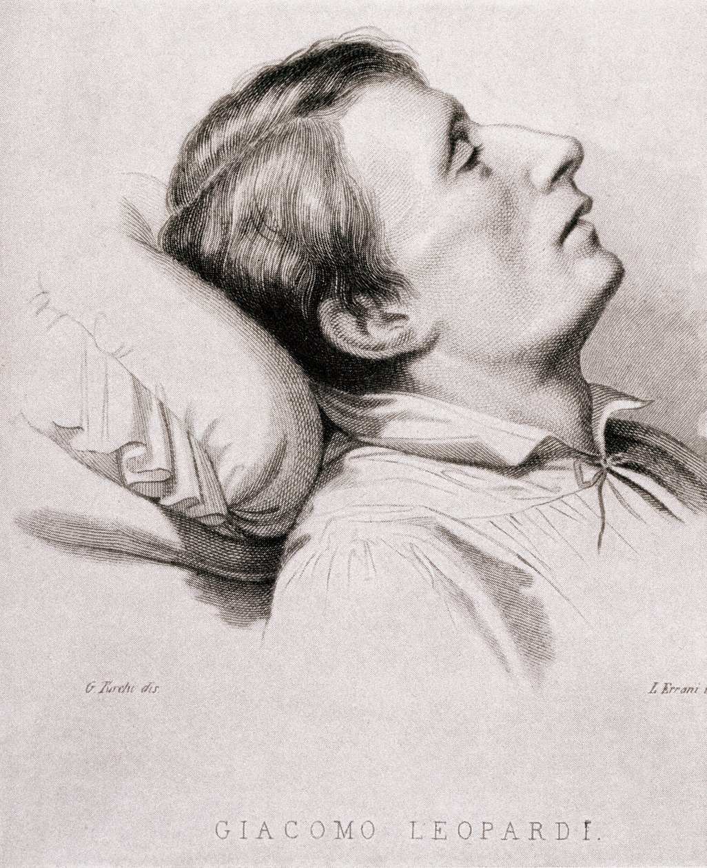 الشاعر الإيطالي جياكومو ليوباردي (1798-1837) على فراش الموت. نقش القرن التاسع عشر بواسطة فنان غير معروف