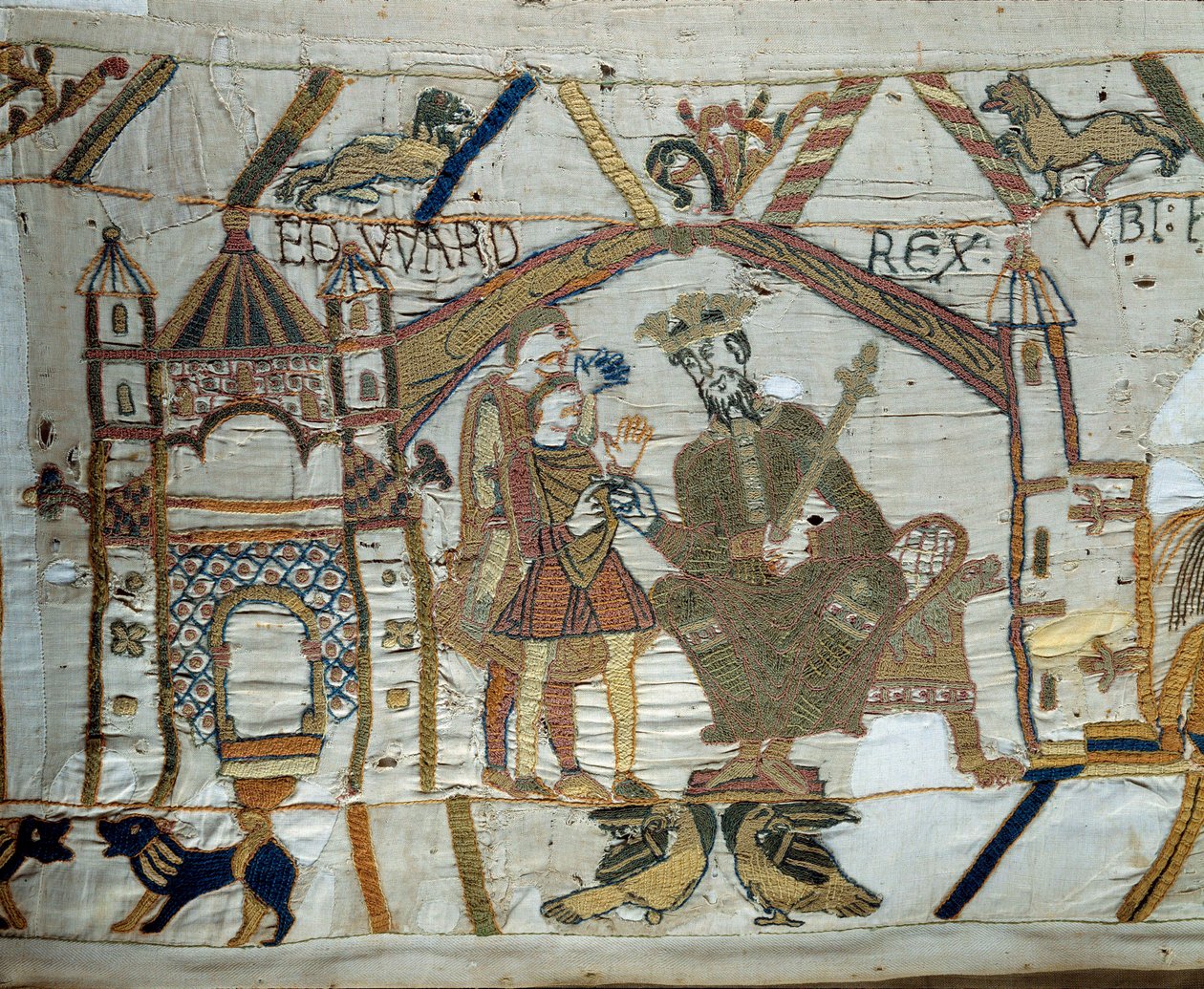 The King of England Edward the Confessor instructs Harold to go and confirm to the Duke of Normandy William the Conquerant (1027-1087) that he will be his successor to the throne of England Detail of the Tapestry of Bayeux or Embroidery of Queen Mathilde بواسطة فنان غير معروف