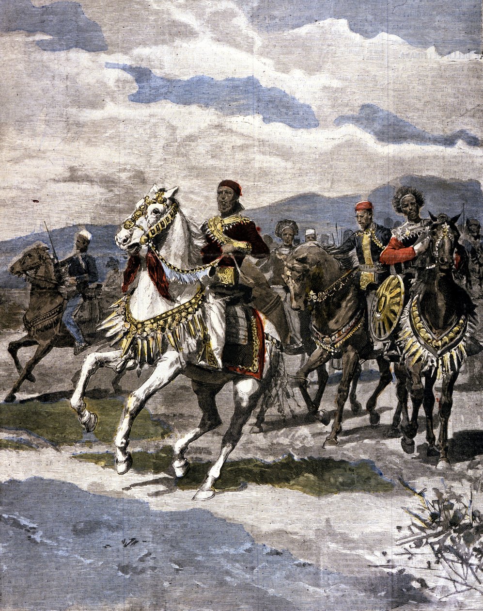 ملك إثيوبيا منليك الثاني (1844 - 1913). من الصحافة الإيطالية. بواسطة فنان غير معروف