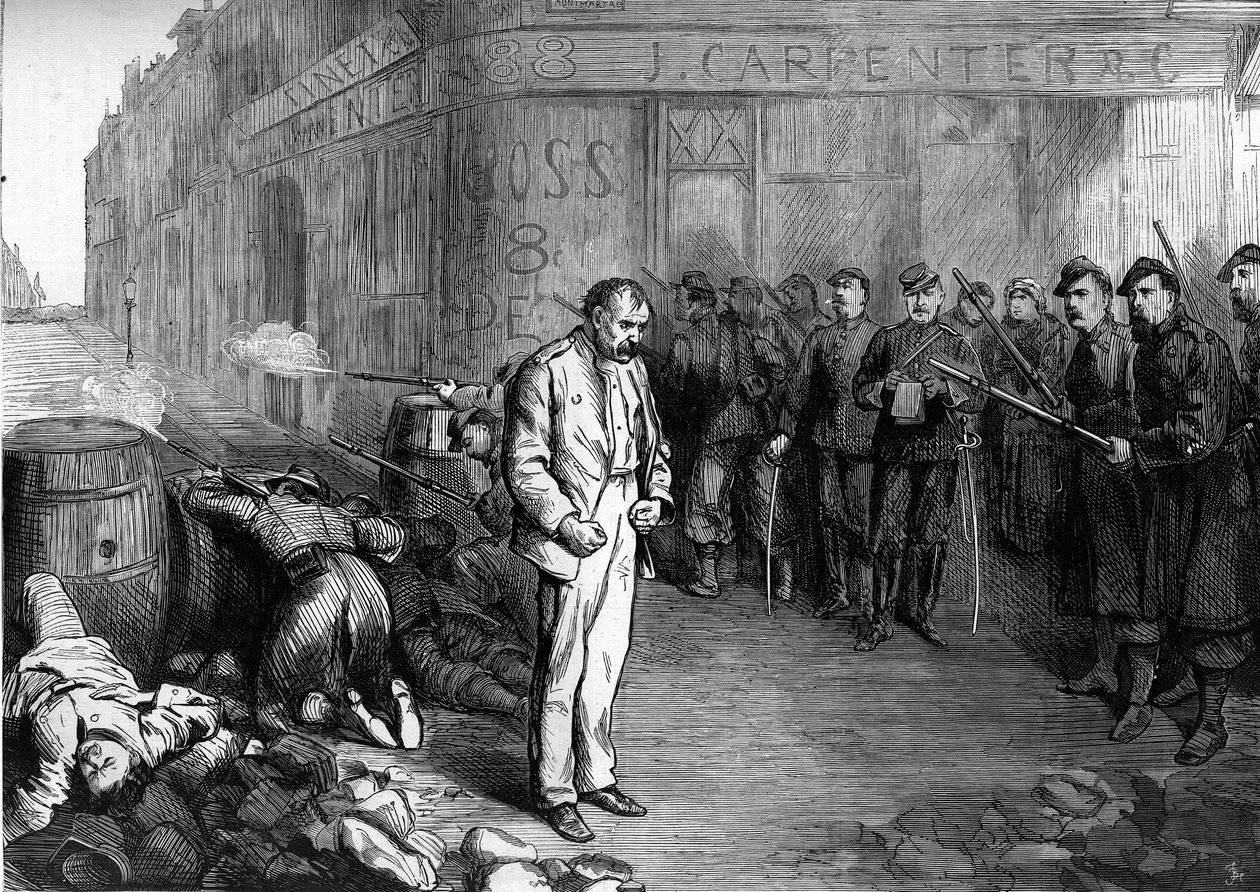 كومونة باريس في عام 1871. يتعرض أحد الكومونة التي تم أسرها في ناصية شارع مونمارتر وأبو قير لنيران الحاجز الذي أقامه الفدراليون. ترك رفاقه الحاجز ، وتمكن من الفرار بسرعة بواسطة فنان غير معروف