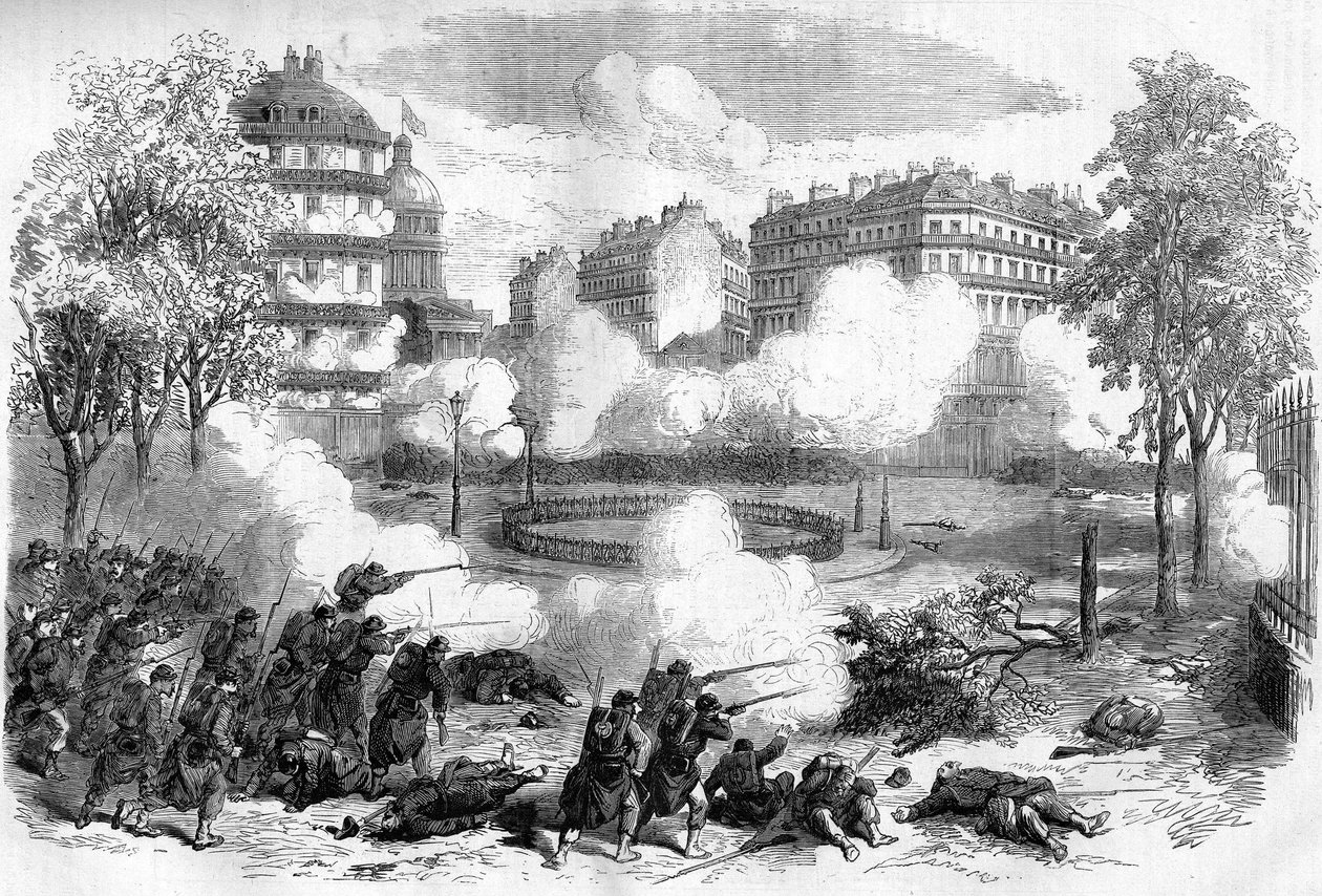 كومونة باريس عام 1871. هجوم على حواجز الفدراليين (الكومونيين) أمام البانثيون من قبل فيلق جيش الجنرال دي سيسيه في 24 مايو 1871 ، في بداية الأسبوع الدموي (22 - 28 مايو 1871). بواسطة فنان غير معروف