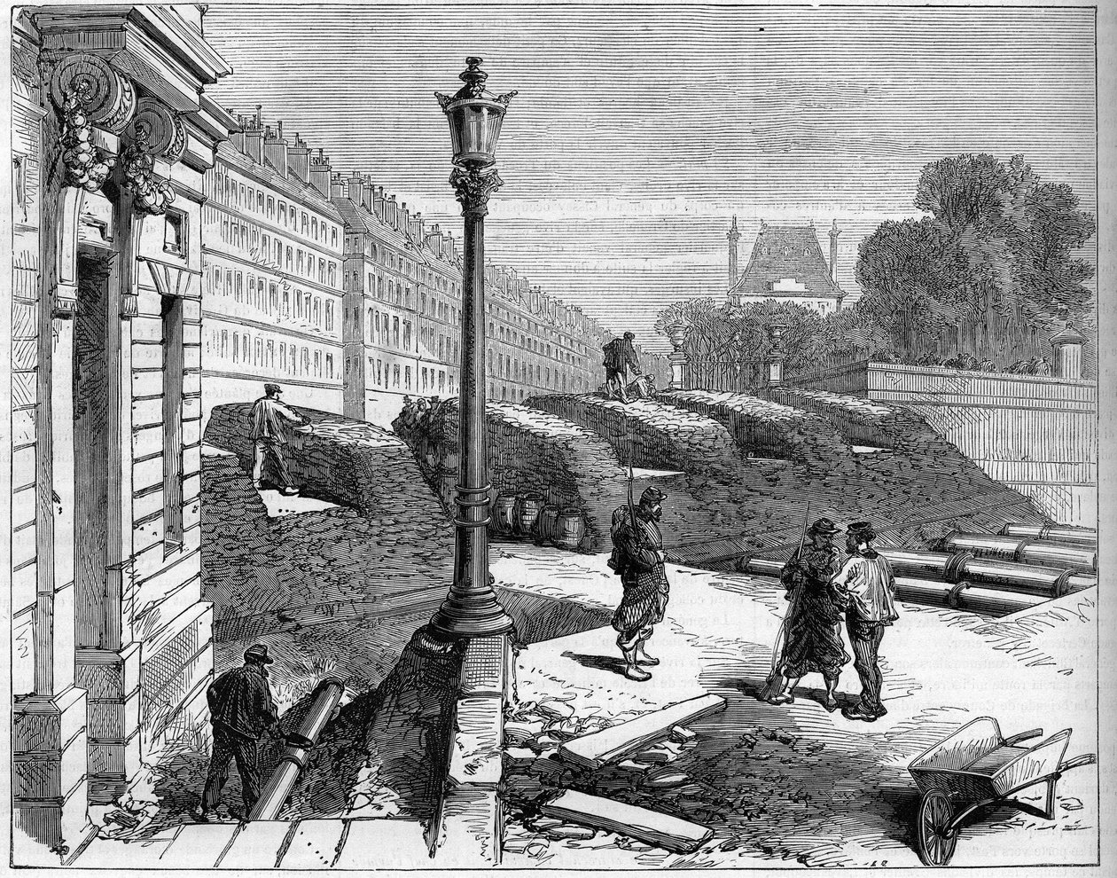 كومونة باريس عام 1871. حاجز فيدرز (الكوميونات) عند زاوية شارع ريفولي وساحة الكونكورد. بواسطة فنان غير معروف