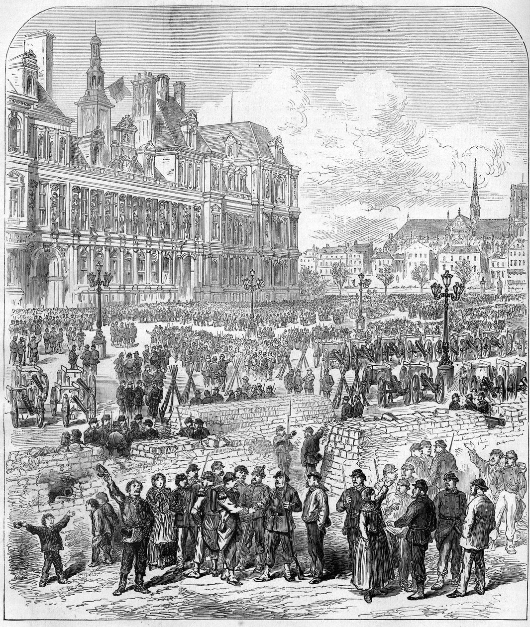 كومونة باريس في عام 1871. المتاريس وحديقة المدفعية التابعة للفدريس (الكومونارد) ، ساحة فندق دي فيل. بواسطة فنان غير معروف