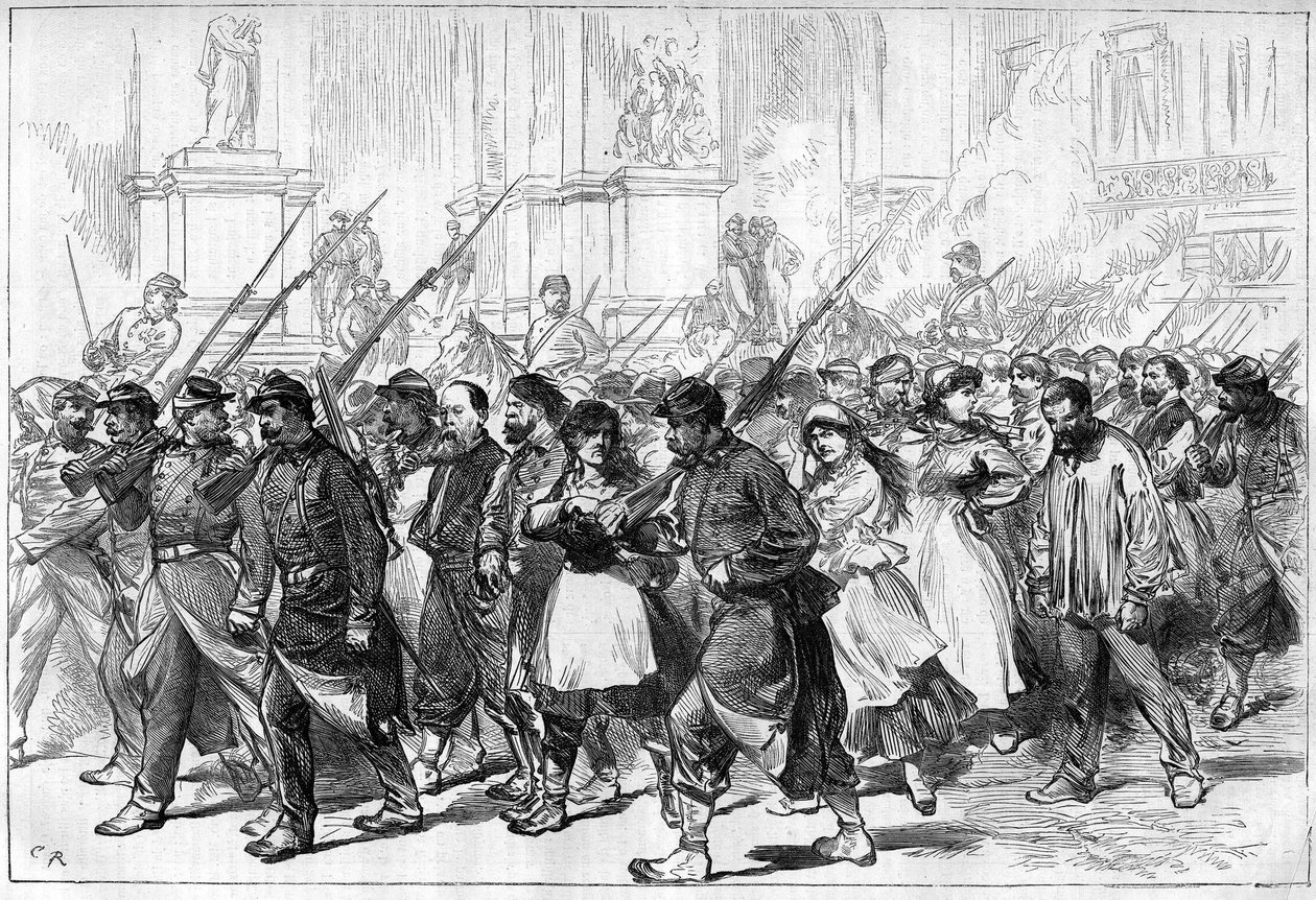 كومونة باريس في عام 1871. أسر قافلة من الفدراليين (الكوميونات) مرورا بميدان الأوبرا. بواسطة فنان غير معروف