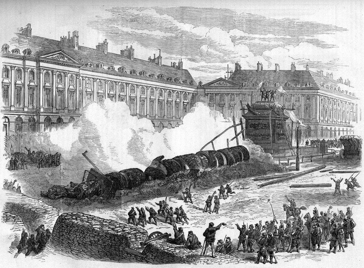 كومونة باريس عام 1871. هدم الفدراليون (الكوميونات) عمود فاندوم في 12 أبريل. بواسطة فنان غير معروف