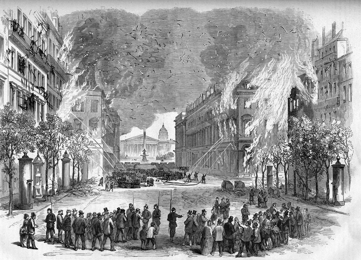 كومونة باريس عام 1871. أشعلت النيران من قبل الفدراليين (الكومونة) في شارع رويال خلال الأسبوع الدموي (22 إلى 28 مايو). بواسطة فنان غير معروف