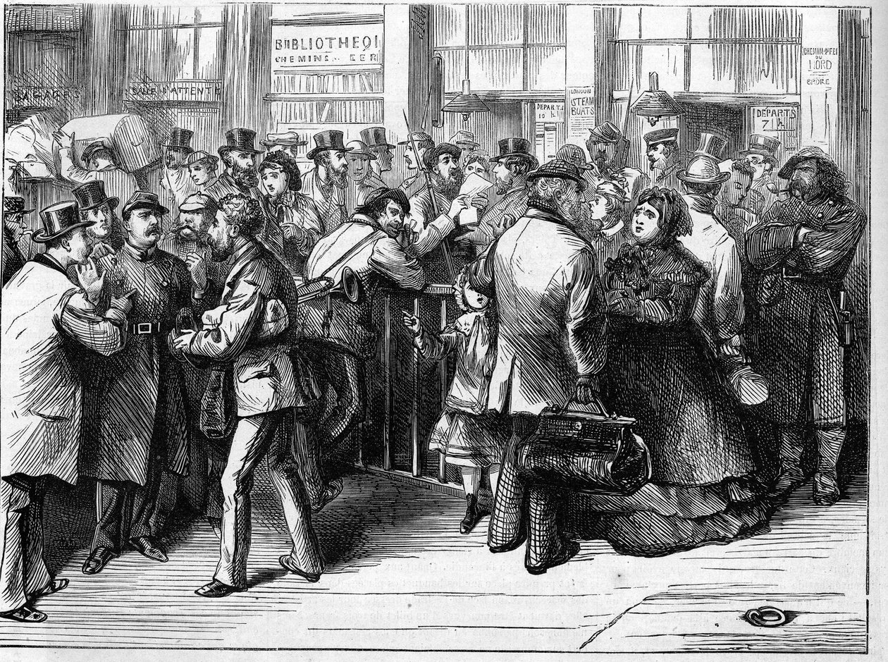 كومونة باريس في عام 1871. التحقق من جوازات السفر من قبل الاتحادات (الكوميونات) للأشخاص الذين يغادرون باريس بواسطة السكك الحديدية في الشمال. بواسطة فنان غير معروف