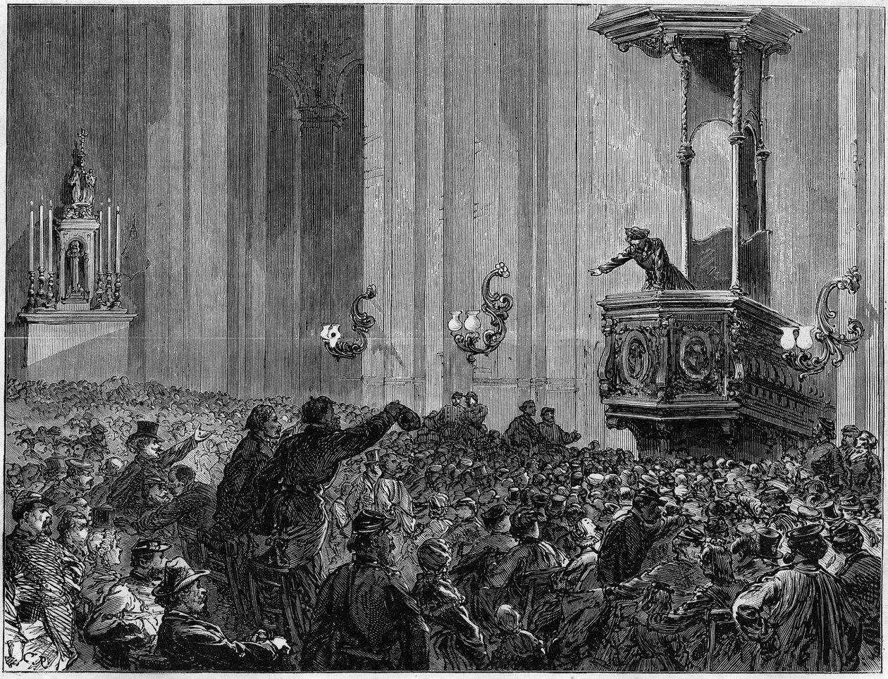 كومونة باريس عام 1871. نادي كنيسة القديس يوستاتيوس. طلب الفدراليون من الكنائس في المساء عقد اجتماعات ومناقشات. كان لهذه النوادي غرض ثلاثي يتمثل في التعليم والمعلومات والتعبير. بواسطة فنان غير معروف