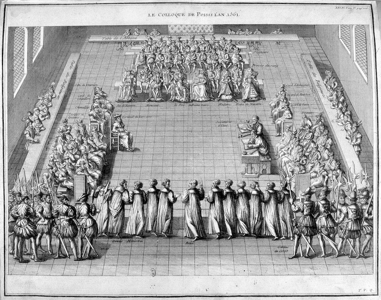 ندوة Poissi (Poissy) في 1561. في الوسط ملك فرنسا Charles IX (1550-1574) والملكة الأم Catherine de Medicis (Caterina de Medici) (1519-1589). بواسطة فنان غير معروف