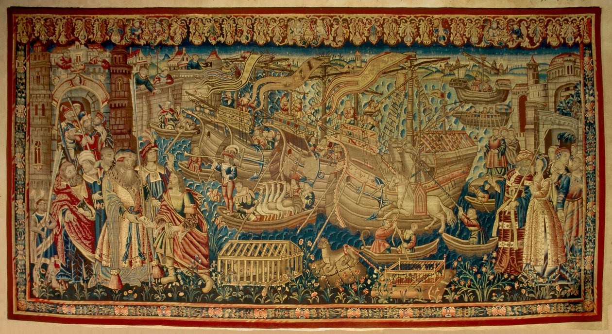 وصل الملاح البرتغالي فاسكو دي جاما (1459-1524) إلى كاليكوت (كوزيكود) في الهند عام 1498. نسيج. لشبونة بواسطة فنان غير معروف