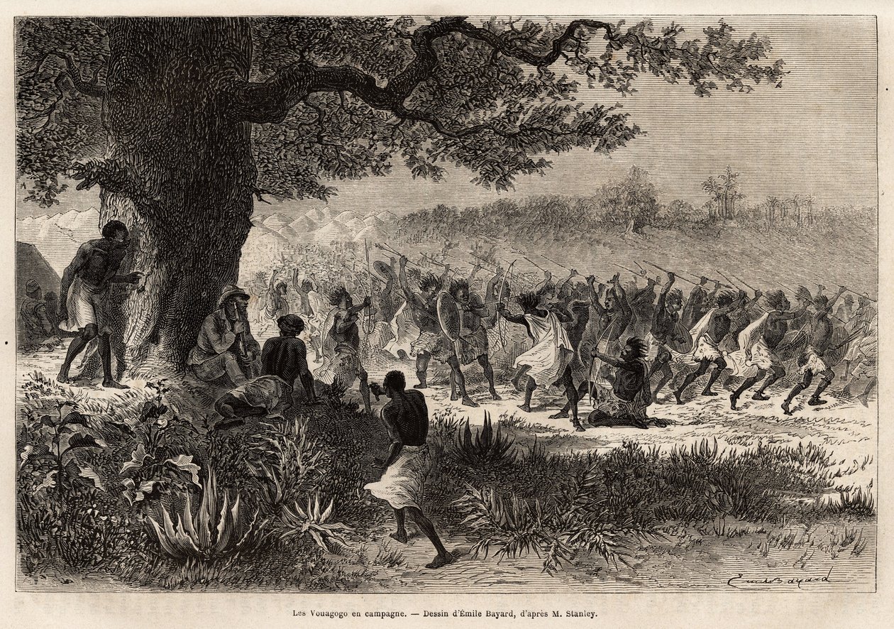 وكان فواجوغو (قبيلة تنزانيا) استعدادًا للحرب تحت الشجرة مؤلف القصة هنري مورتون ستانلي (1841-1904). نقش لتوضيح رحلة البحث عن ليفينغستون ، في وسط إفريقيا ، بقلم هنري ستانلي ، مراسل صحيفة "نيو واي" بواسطة فنان غير معروف