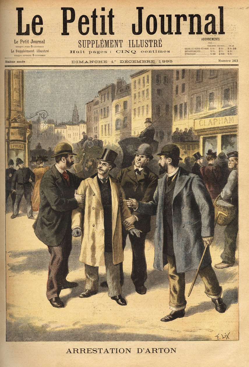 اعتقال إميل آرتون (1859-1905) ، الوسيط الفاسد في قضية فضيحة بنما ، والذي ظل هاربا منذ عدة سنوات. نقش في "" مجلة Le Petit "" 1/12/1895. مجموعة سيلفا. بواسطة فنان غير معروف