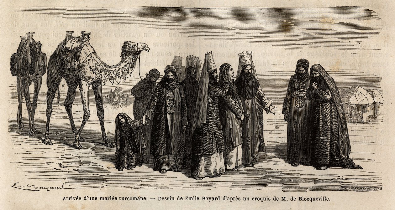 وصول زوجة تركية (تركمانستان) إلى أسرة زوجها ؛ البنات لا يتزوجن قبل سن 17 ، يتم اختيارهن من قبل الزوج الذي يتنازل عن المهر (الذي يقدمه لأسرة زوجته المستقبلية) وشروط الزواج. نقش بواسطة فنان غير معروف