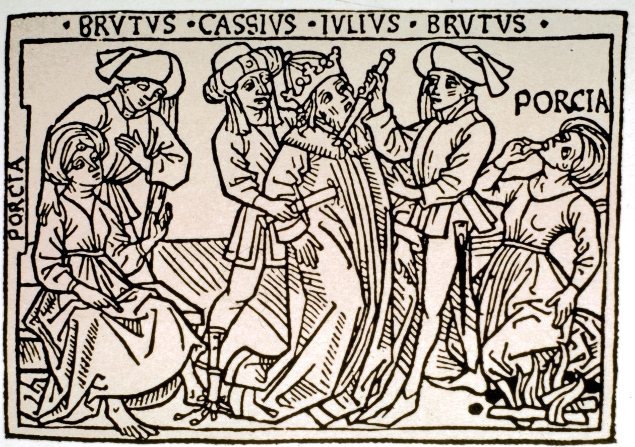The assassination of Jules Cesar (100-44 BC): he is stabbed by Brutus and Cassius while Porcie, Brutus