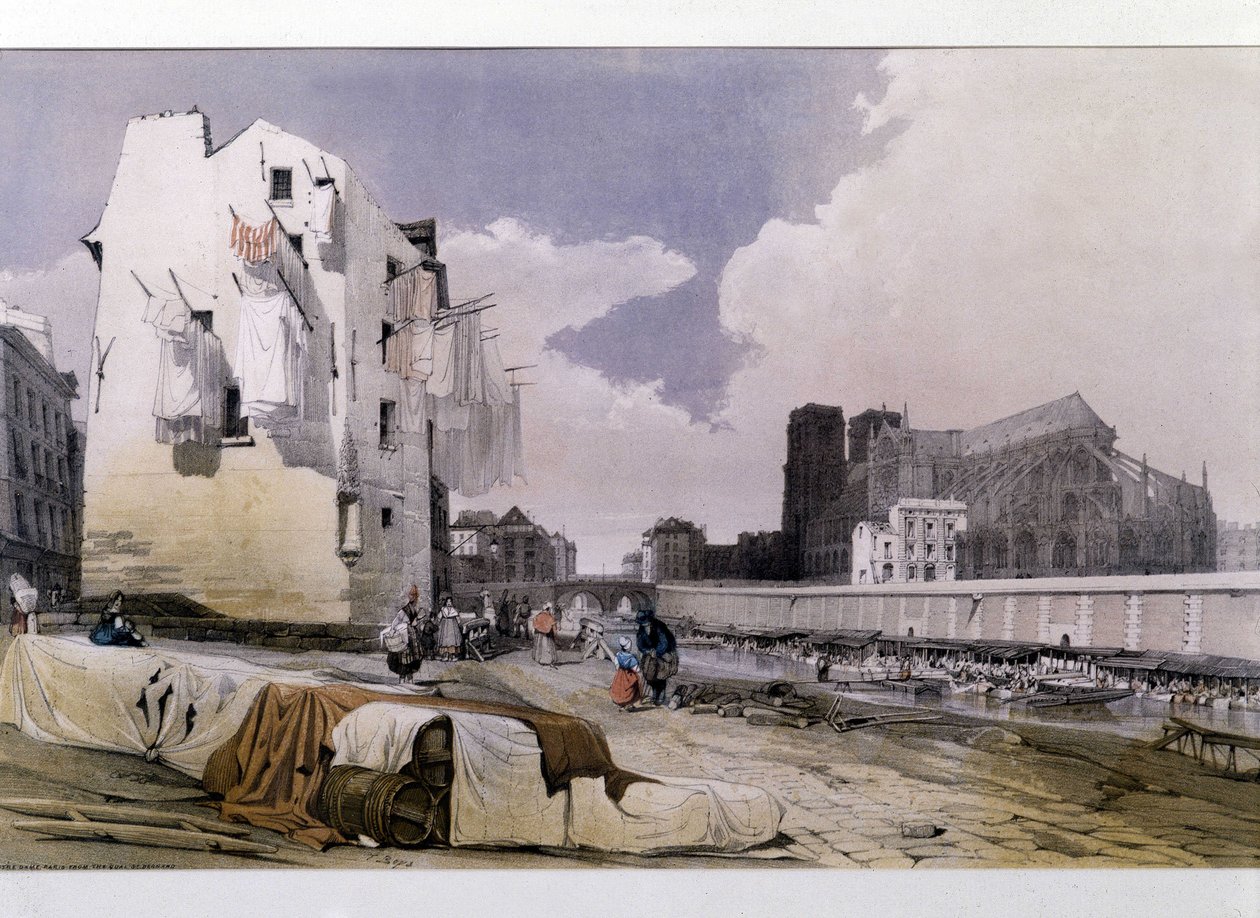 The banks of the Seine and Notre Dame de Paris - lithography بواسطة فنان غير معروف
