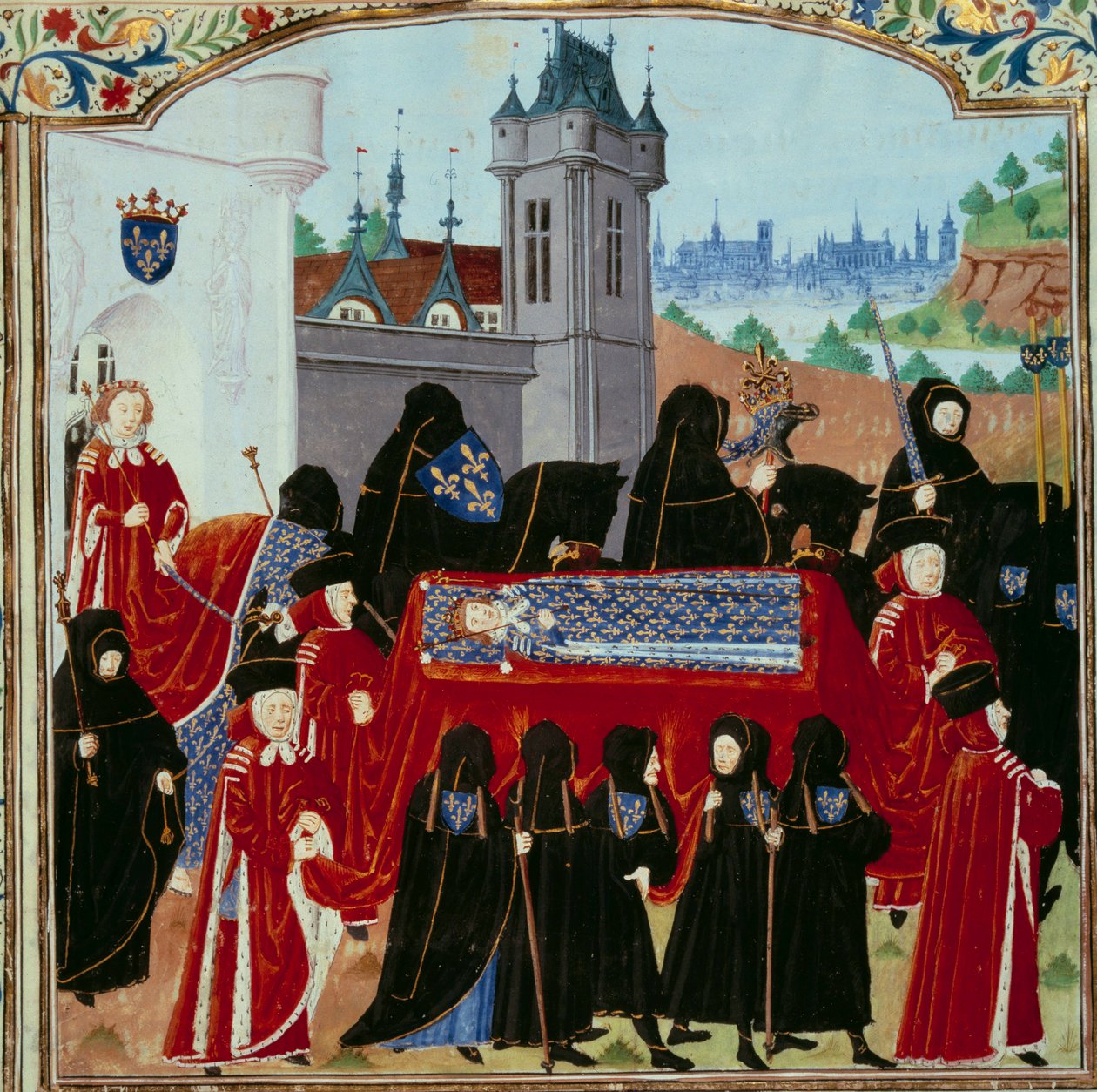 تم نقل جثة الملك الراحل شارل السادس (1368-1422) بعيدًا ، خلف موكب الملك الجديد تشارلز السابع (1403-1461) ، 22/10/1422 مصغرة من مخطوطة "سجلات تشارلز السابع" "(السيدة. 2691) جان شارتييه بواسطة فنان غير معروف