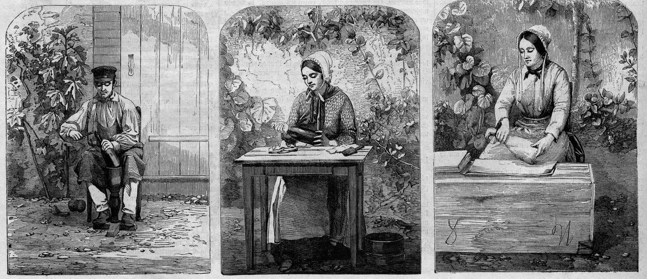تعبئة نبيذ الشمبانيا في زجاجات. نقش من عام 1864. بواسطة فنان غير معروف