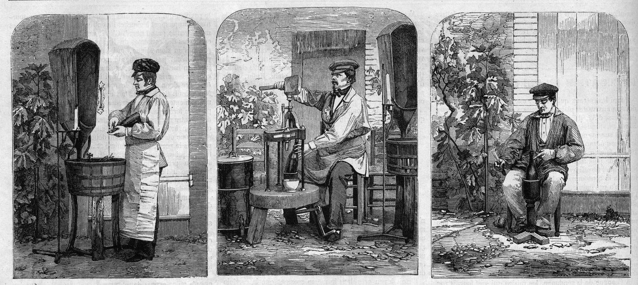 تعبئة نبيذ الشمبانيا في زجاجات. نقش من عام 1864. بواسطة فنان غير معروف