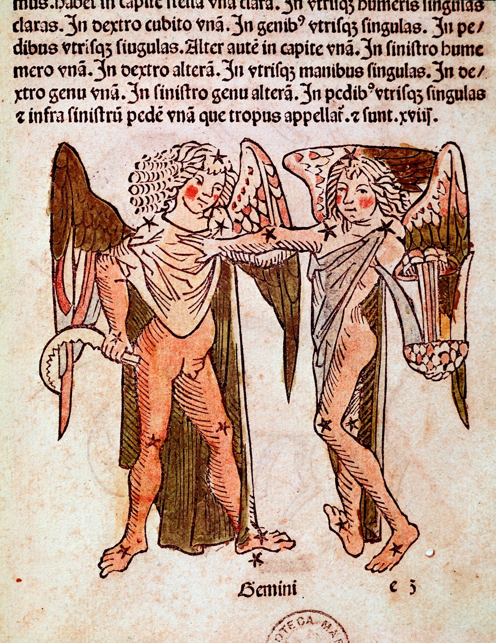 تُشتق كوكبة Gemeaux Detail من "" Poeticon astronomicon "" المنسوب إلى المؤرخ الروماني Hygin (Gaius Julius Hyginus) (القرن الأول قبل الميلاد) (كوكبة الجوزاء (التوأم) ، من "" Poeticon الفلكي "" المنسوب إلى Hyginus (القرن الأول قبل الميلاد) بواسطة فنان غير معروف