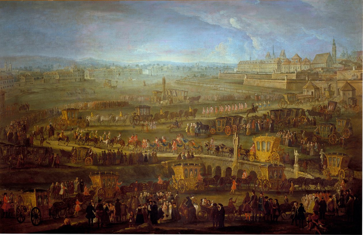 الموكب الخاص بالسفير الماركيز ميربوا (1699-1757) مع الممثلين الدبلوماسيين الفرنسيين في فيينا 12/10/1738 لوحة مجهولة من القرن الثامن عشر. فيينا ، متحف Historisches للمدينة بواسطة فنان غير معروف
