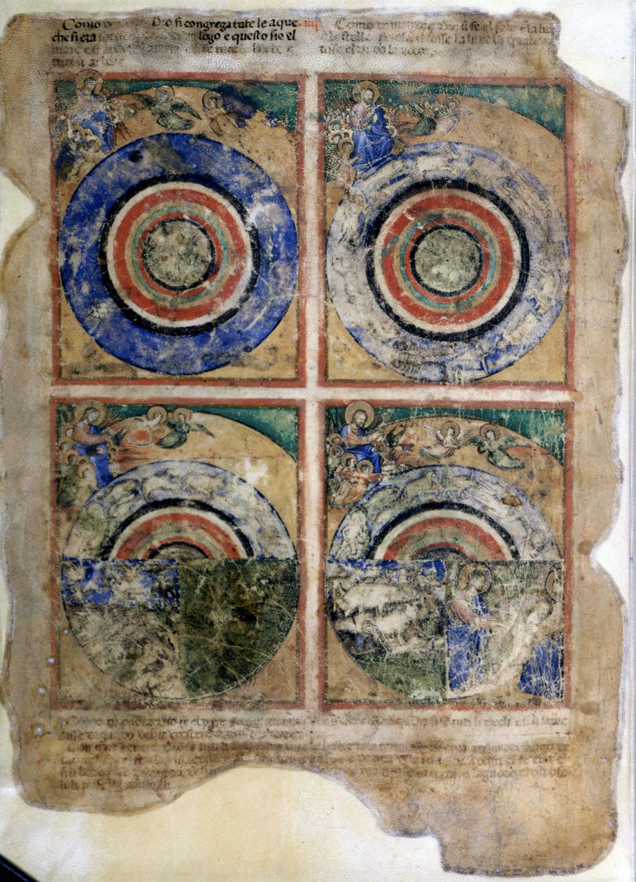 خلق العالم. منشأ. صورة مصغرة من مجلد مخطوطة 212 (أو كود بادوفانو أو الكتاب المقدس لبادوا) 1390-1400 روفيغو ، أكاديميا دي كونكوردي بواسطة فنان غير معروف