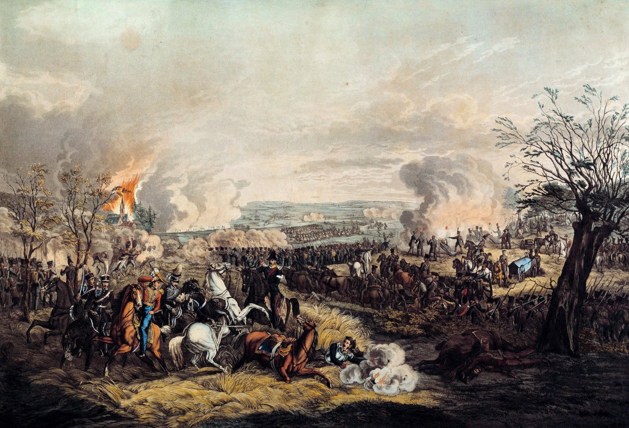 وفاة الدوق فريدريك غيوم من برونزويك (1771-1815) في معركة كواتر براس في 16/06/1815 بين القوات الفرنسية لماريشال ميشيل ناي (1769-1815) والبريطانية دوق ولينغتون. طباعة من عام 1815. باريس ، متحف أرمي بواسطة فنان غير معروف