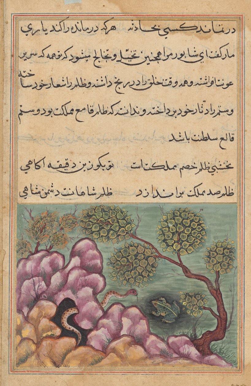 الضفدع المخلوع شابور يطلب مساعدة الثعبان ، من توتي ناما (حكايات ببغاء): الليلة السادسة والعشرون بواسطة فنان غير معروف
