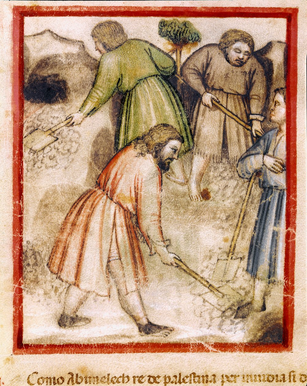 The envious Philistines fill the hollow wells by Isaac Miniature from the codex 212 (or padovano codice or Bible of Padua) 1390-1400 Rovigo, Accademia dei Concordi بواسطة فنان غير معروف