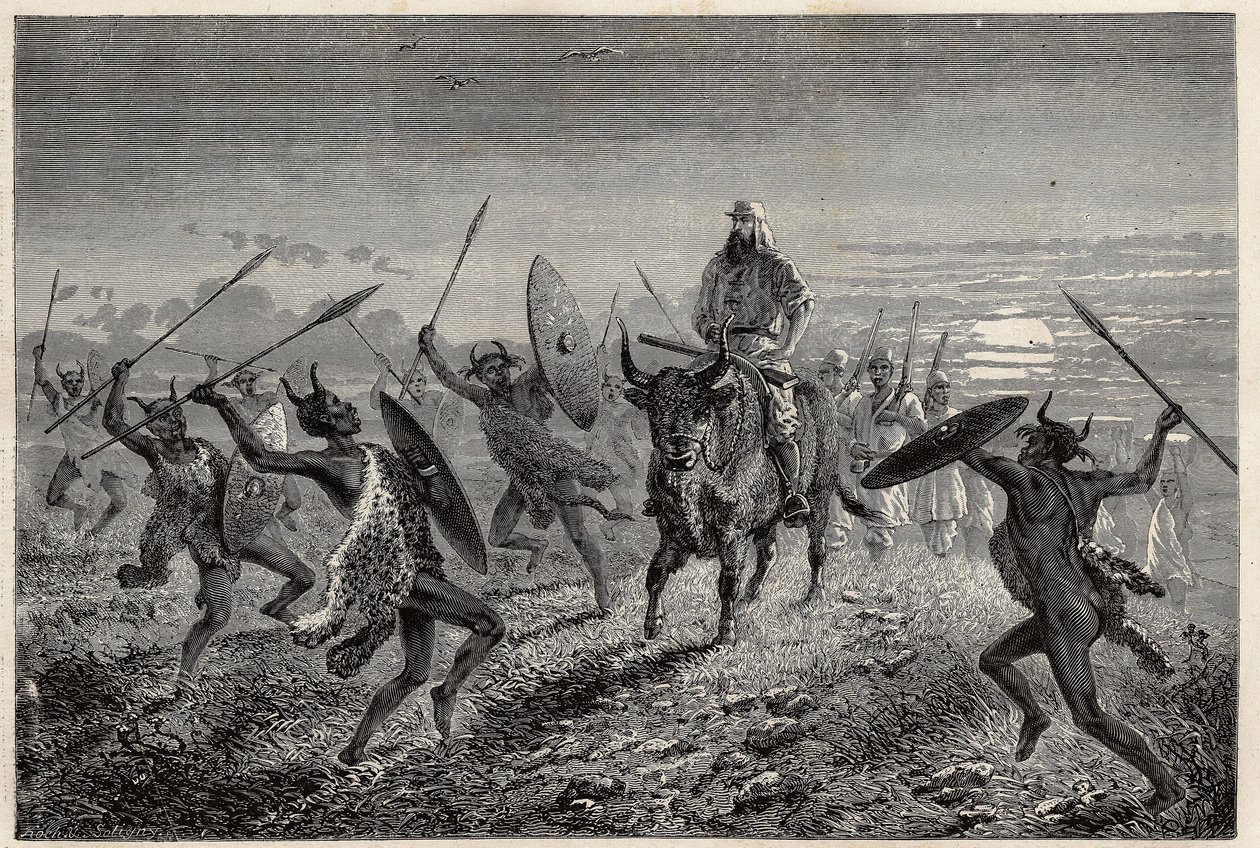 يقوم المرافق المخصص للمسافر بيكر بأداء فانتازيا قبل مغادرته إلى بحيرة ألبرت (أو ألبرت نيانزا). نقش للتوضيح الرحلة إلى بحيرة ألبرت ، في 1861-1864 ، بقلم السير صموئيل وايت بيكر ، في "حول العالم ، مجلة سفر جديدة بواسطة فنان غير معروف