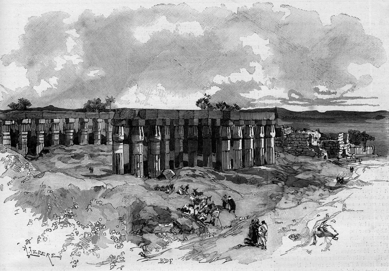 حفريات الأقصر في مصر بقيادة عالم المصريات الفرنسي جاستون ماسبيرو (1846-1916). نقش في "" العالم المصور "" 1885 بواسطة فنان غير معروف