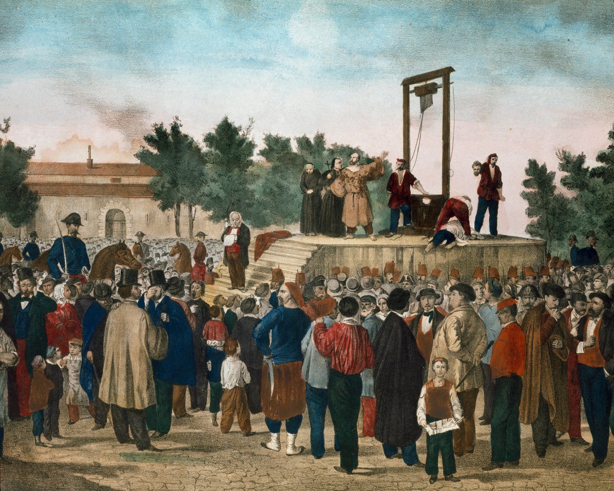 إعدام فيليس أورسيني (1819-1858) وبييري في 13/03/1858 ، اللذين نفذا هجوم 14 يناير 1858 ضد نابليون الثالث في ميدان لا روكيت في باريس ليثوغراف في نهاية القرن التاسع عشر. مجموعة خاصة ميلان بواسطة فنان غير معروف