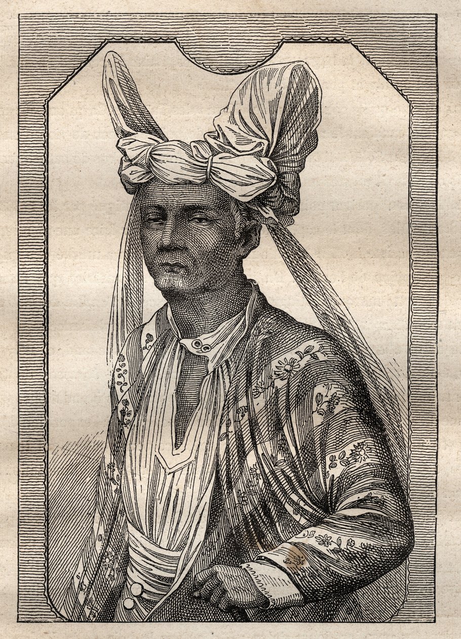 الرحلة الاستكشافية حول العالم (1790-1792) للكابتن إتيان مارشان (1755-1793): صورة لملك جزيرة تيمور (الأرخبيل الإندونيسي) - رسم توضيحي مأخوذ من "البحارة العظماء في القرن الثامن عشر" بواسطة فنان غير معروف
