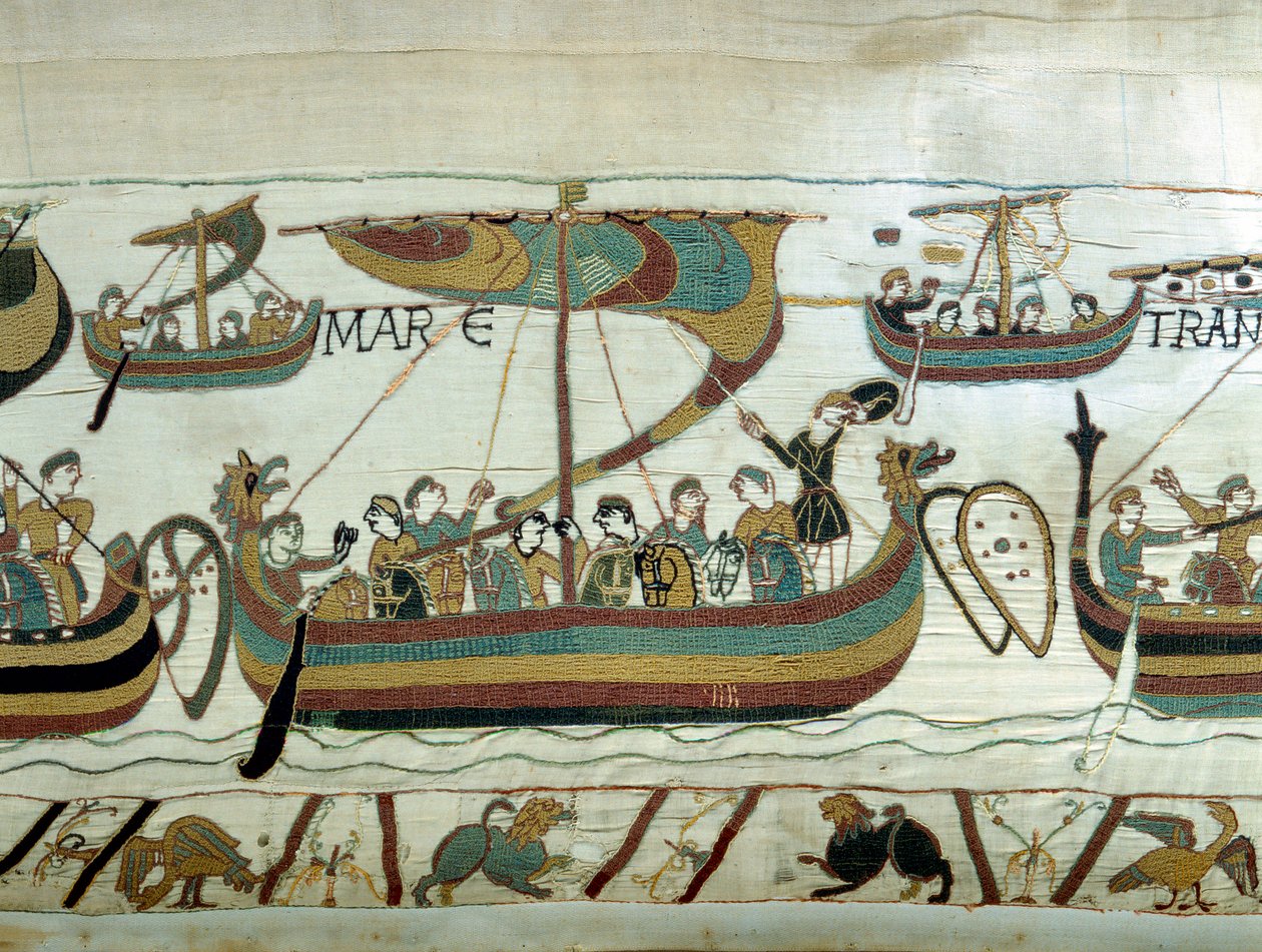 أسطول ويليام الأول الفاتح (1027-1087) يعبر القنال باتجاه إنجلترا. نسيج بايو أو تطريز للملكة ماتيلد بواسطة فنان غير معروف