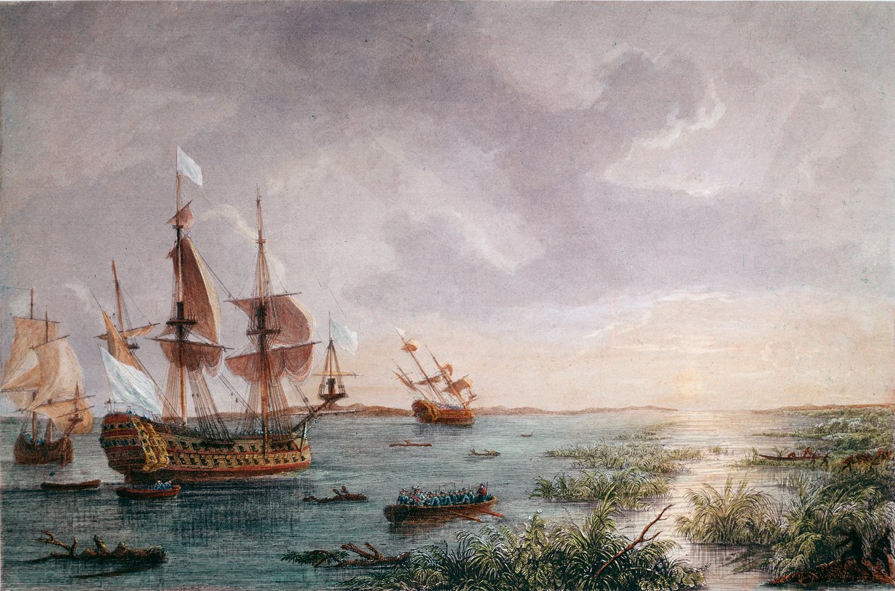اكتشف المستكشف الفرنسي رينيه روبرت كافيلير ، سيور دي لاسال ، لويزيانا في عام 1684 (نقش بواسطة فنان غير معروف