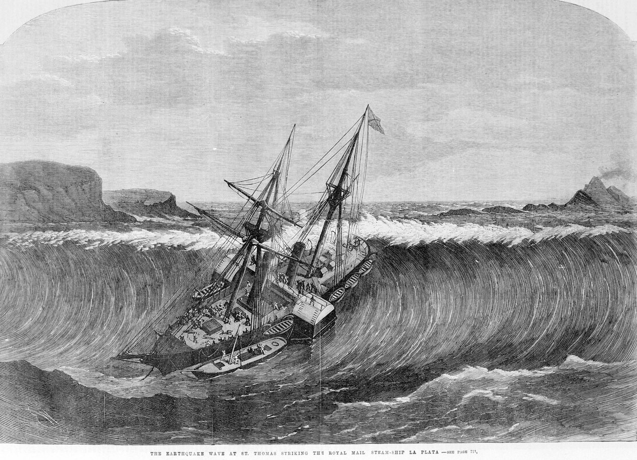 الموجة العملاقة من تسونامي ديسمبر 1867 في سانت توماس بجزر فيرجن تسقط على القارب ذو العجلات لا بلاتا. نقش القرن التاسع عشر. بواسطة فنان غير معروف