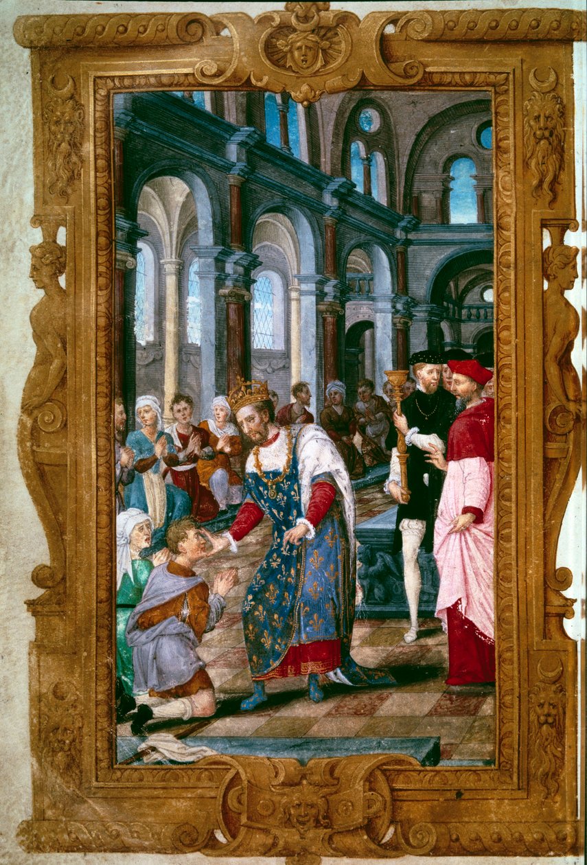 الملك يلمس ، الله يسمعك الملك هنري الثاني (1519-1559) ، ثوماتورج ، المحاربين المرضى من الإكرويليس في دير القديس ماركول ، مباشرة بعد حفل تتويج ريمس. بالقرب منه قوس ريمس. منمنمة من "ساعات هنري الثاني" 154 بواسطة فنان غير معروف