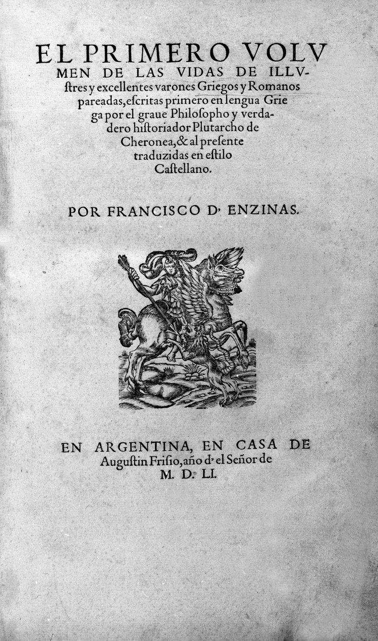 حياة رجال لامعين. Frontispice من كتاب Plutarch di Cheronee ، المسمى أيضًا "Paralleles Lives". طبعة أرجنتينية بواسطة فنان غير معروف