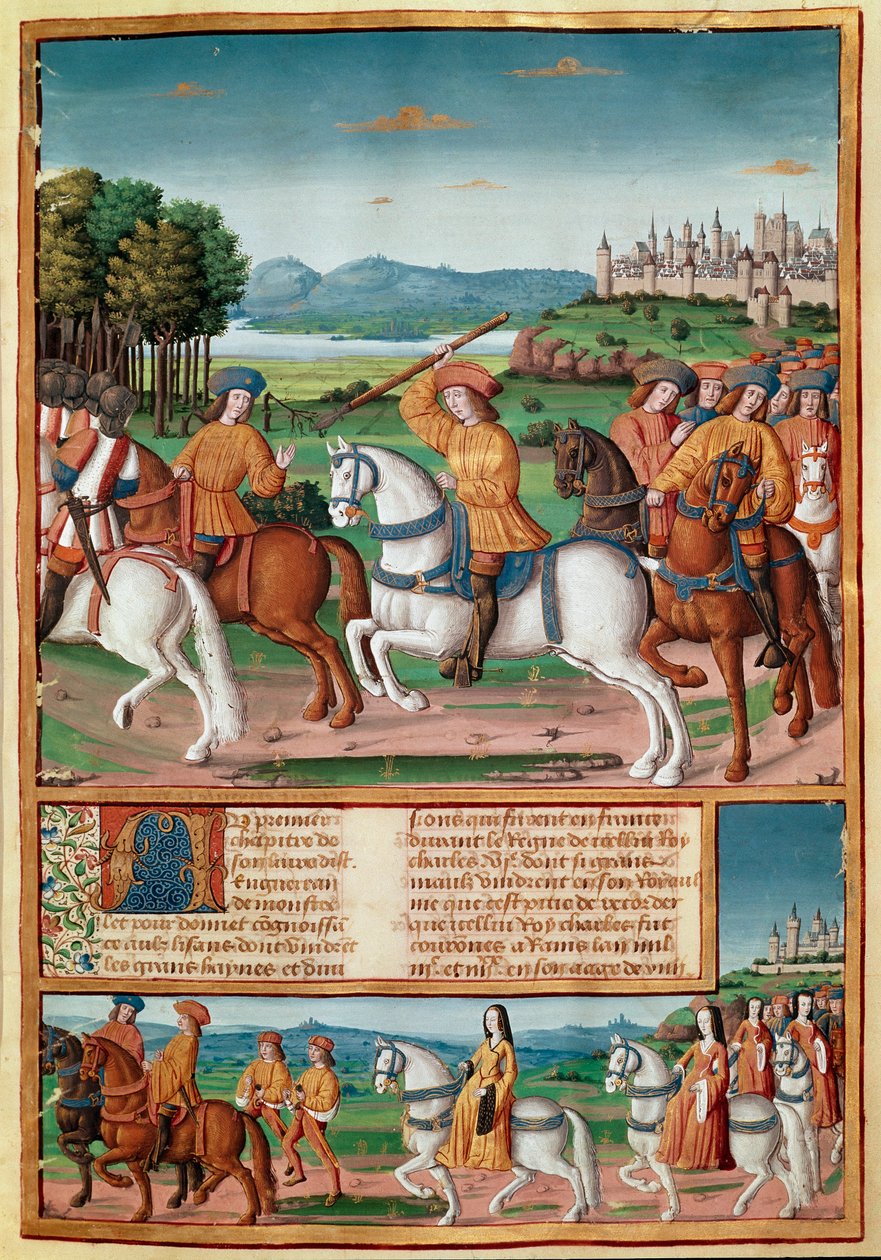جنون شارل السادس (1368 - 1422). في 5 أغسطس 1392 ، في غابة لومان ، بدأ في تجربة هجمات الجنون الغاضب: صراخ الخيانة ، هاجم فرقته الخاصة وقتل أربعة أشخاص منمنمات من "" Chronicles de Enguerrand de Mo بواسطة فنان غير معروف
