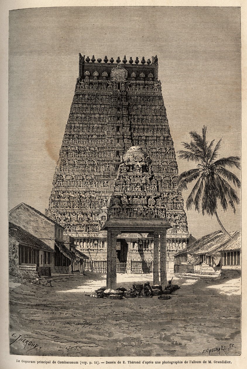 يتكون gopuram الرئيسي لمعبد Rama a Combaronum من 11 طابقًا ويعلوه 11 كرة ، وتغطي الوجوه المختلفة لهذا البرج الهرمي بالكامل التماثيل. بواسطة فنان غير معروف