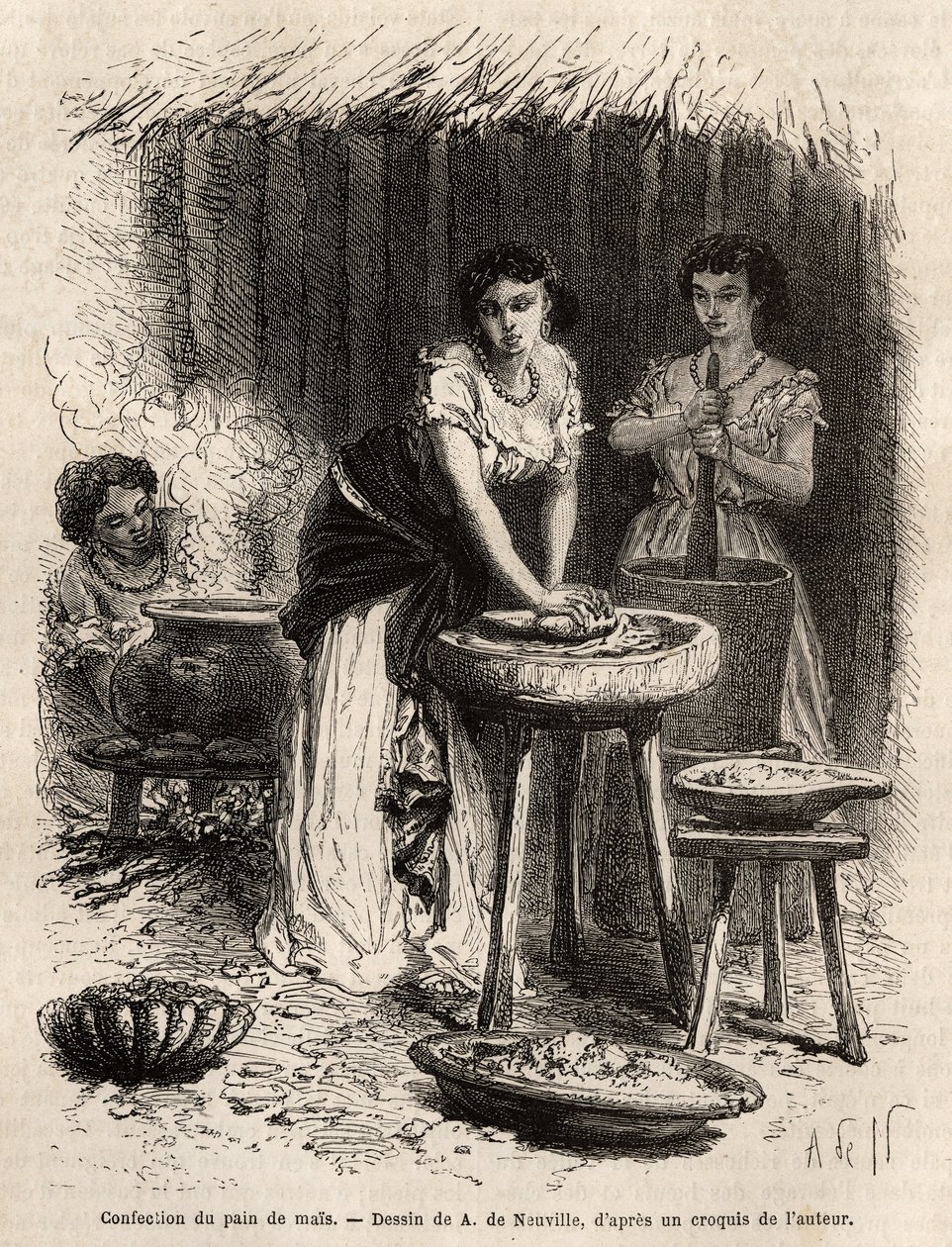 صناعة خبز الذرة ، أساس الغذاء ، من قبل نساء وادي كاوكا العظيم (كولومبيا). نقش لتوضيح الرحلة إلى غرناطة الجديدة ، للدكتور سافراي ، في عام 1869 ، نُشر في "" Le Tour du monde "" "1873 ، تم تحريره بواسطة Edouard Charton ، طبعة Hachet بواسطة فنان غير معروف