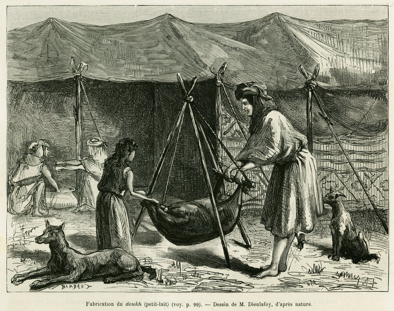 صناعة الحليب من قبل نساء رعاة منطقة كارون. نقش لتوضيح قصة La Perse، la Chaldee et la Susiane لجين ديلافوي (1851-1916) ، ضابط الأكاديمية ، في جولة العالم 1886 ، من إخراج إدوارد شارتون (1807-1890) ، ها بواسطة فنان غير معروف